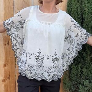 Forever 21 Sheer White Blouse with Black Embroidery